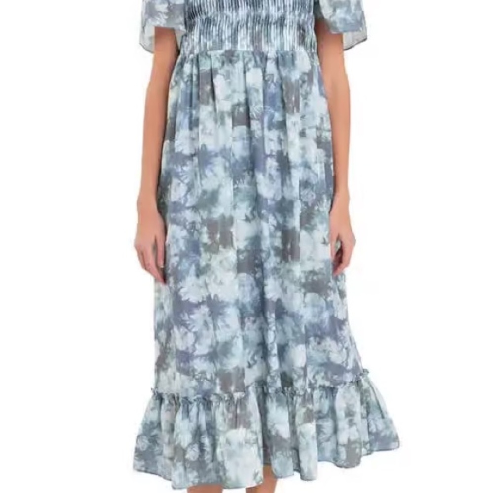 English Factory Blue and White Ruffled Midi Sundress